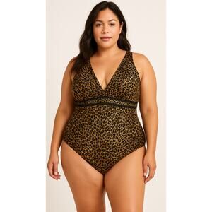 Swimsuits For All Leopard Print One-Piece Swimsuit – Size 18 – Mesh Trim